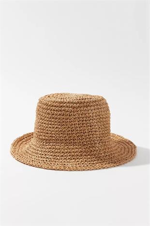 Kadın Hasır Bucket Şapka Naturel Ayarlanabilir Kova Plaj Şapkası Camel