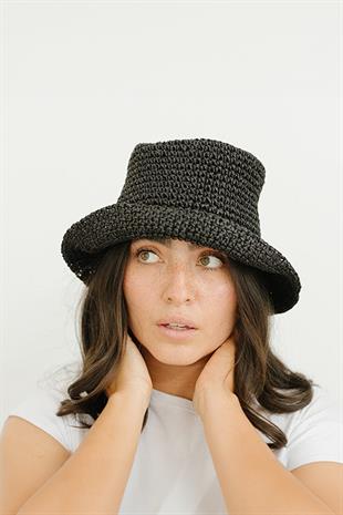 Womens Straw Bucket Hat Naturel Adjustable Beach Hat Black