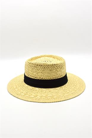 Womens Straw Knitlü Ribboned Beige Boater Hat