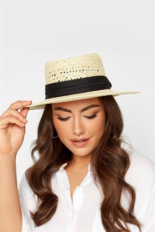 Womens Straw Knitlü Ribboned Beige Boater Hat