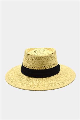 Womens Straw Knitlü Ribboned Beige Boater Hat