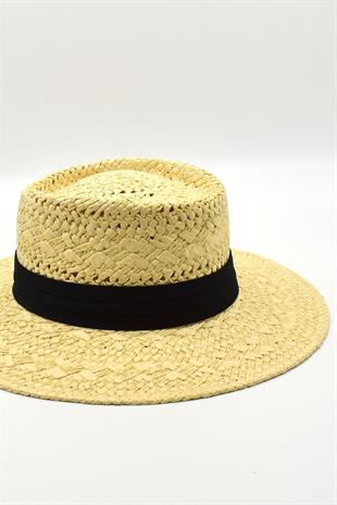 Womens Straw Knitlü Ribboned Beige Boater Hat