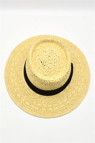 Womens Straw Knitlü Ribboned Beige Boater Hat