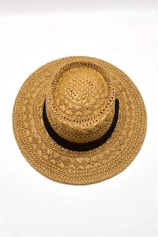 Womens Straw Knitlü Ribboned Camel Boater Hat