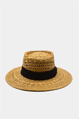 Womens Straw Knitlü Ribboned Camel Boater Hat