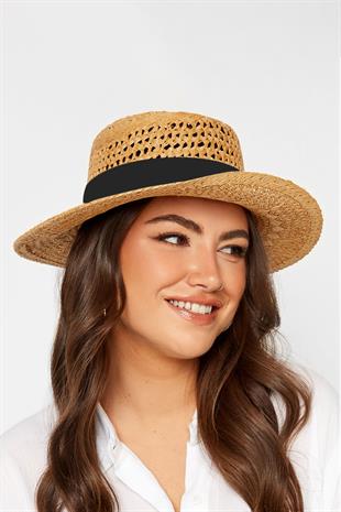 Womens Straw Knitlü Ribboned Camel Boater Hat