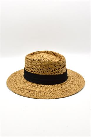 Womens Straw Knitlü Ribboned Camel Boater Hat
