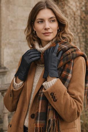 Kadın İçi Yün Astarlı Hakiki Deri Eldiven - Siyah