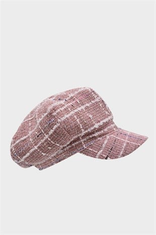 Kadın Kasket Yünlü Desenli Dökümlü Şapka Pembe