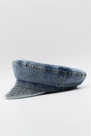 Kadın Kot Şapka Driver Kasket Flat Cap Kaptan Şapkası - Mavi