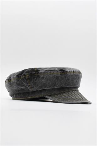 Kadın Kot Şapka Driver Kasket Flat Cap Kaptan Şapkası - Siyah
