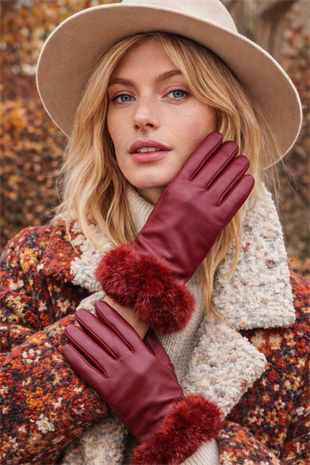 Kadın Kürklü Suni Deri Eldiven - Bordo