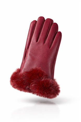 Kadın Kürklü Suni Deri Eldiven - Bordo