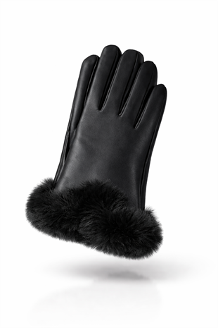 Kadın Kürklü Suni Deri Eldiven - Siyah