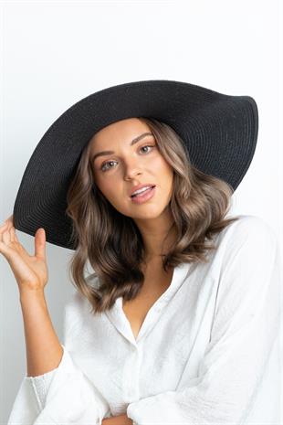 Kadın Oversize Büyük Hasır Şapka Naturel 55cm Plaj Şapkası Siyah