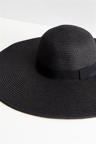 Kadın Oversize Büyük Hasır Şapka Naturel 55cm Plaj Şapkası Siyah