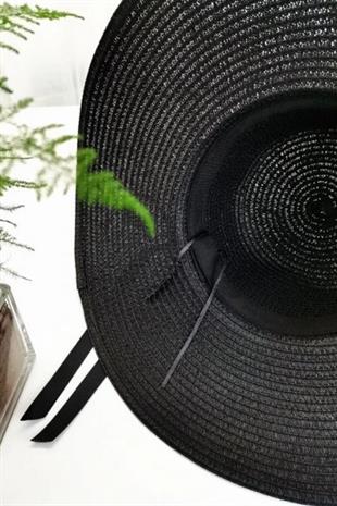 Kadın Oversize Büyük Hasır Şapka Naturel 55cm Plaj Şapkası Siyah