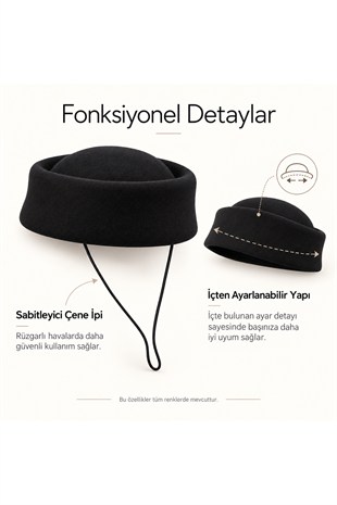 Kadın Pillbox Şapka – Sert Dokulu Sentetik Keçe, Ayarlanabilir, Çene İpli