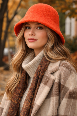 Kadın Premium Cloche Şapka Kışlık Boho Bucket Hat - Orange