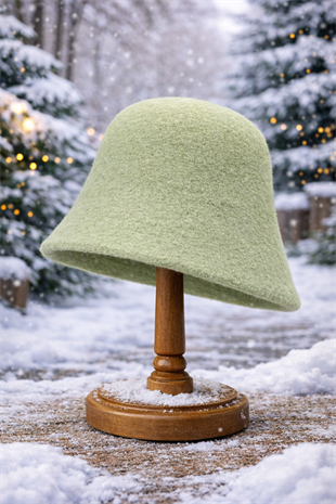 Kadın Premium Cloche Şapka Kışlık Boho Bucket Hat - Çağla Yeşil