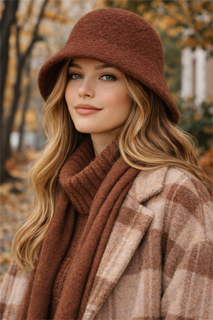 Kadın Premium Cloche Şapka Kışlık Boho Bucket Hat - Acı Kahve
