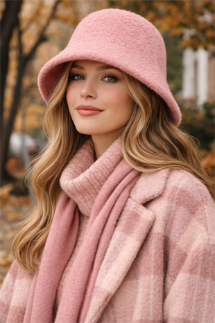 Kadın Premium Cloche Şapka Kışlık Boho Bucket Hat - Pembe