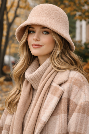 Kadın Premium Cloche Şapka Kışlık Boho Bucket Hat - Krem