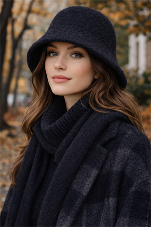 Kadın Premium Cloche Şapka Kışlık Boho Bucket Hat - Siyah