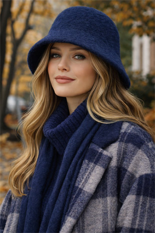 Kadın Premium Cloche Şapka Kışlık Boho Bucket Hat - Lacivert