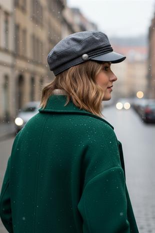 Kadın Premium Deri Siperli Gri Kasket Şapka