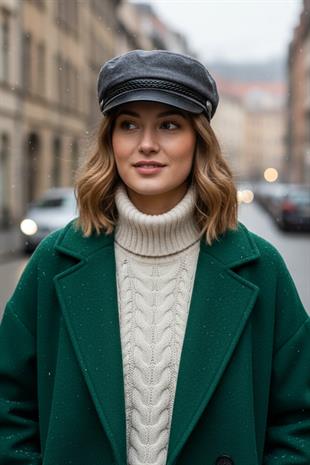 Kadın Premium Deri Siperli Gri Kasket Şapka