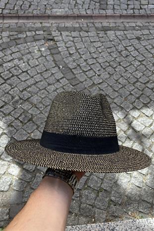 Kadın Simli Premium Hasır Fedora Şapka - Siyah