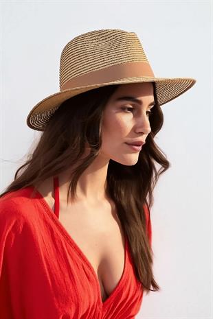 Kadın Simli Premium Hasır Fedora Şapka - Camel