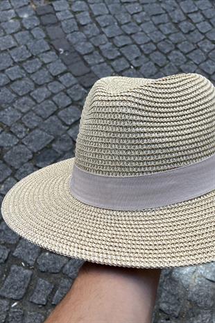 Kadın Simli Premium Hasır Fedora Şapka - Bej