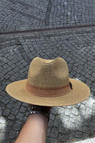 Kadın Simli Premium Hasır Fedora Şapka - Camel