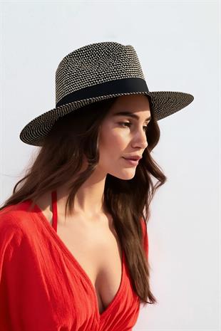 Kadın Simli Premium Hasır Fedora Şapka - Siyah