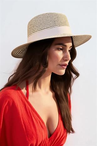 Kadın Simli Premium Hasır Fedora Şapka - Bej