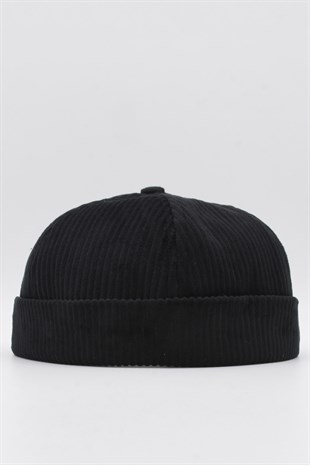 Womens Black Cord Docker Beanie Folded Cap Hat