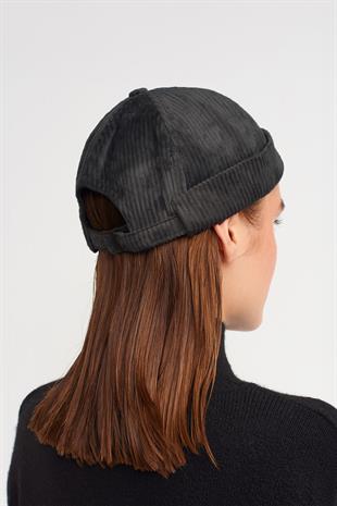 Womens Black Cord Docker Beanie Folded Cap Hat