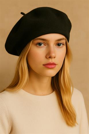 Kadın Siyah Triko Fransız Bere – Yumuşak Dokulu Kışlık Model