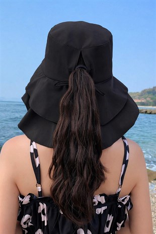 Kadın Uv Koruyucu İpli Geniş Siperli Güneş Şapkası - Siyah
