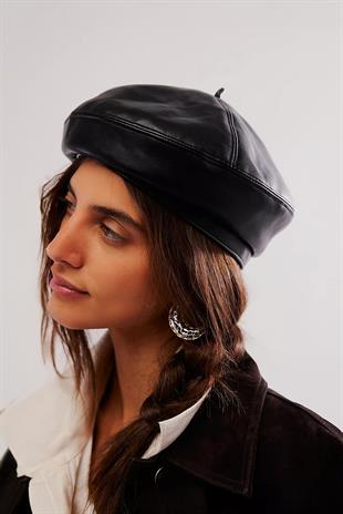Womens Vegan Leather Black Beanie Soft French Style Hat