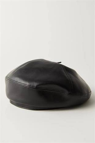 Womens Vegan Leather Black Beanie Soft French Style Hat