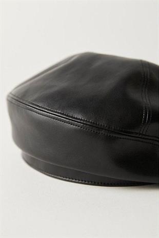 Womens Vegan Leather Black Beanie Soft French Style Hat