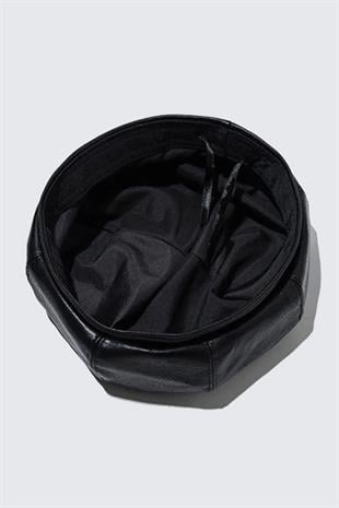Womens Vegan Leather Black Beanie Soft French Style Hat