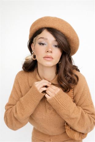 Kadın Yünlü Oversize Premium Fransız Bere - Camel