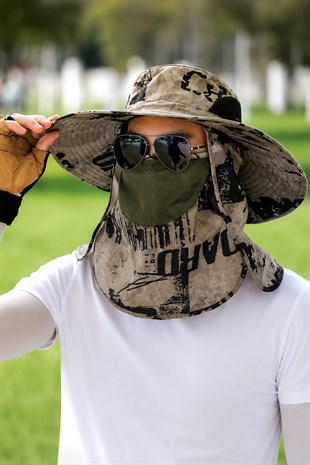 Kamuflaj Güneş Koruyucu Taktik Şapka - Çıkarılabilir Ense - Maske Korumalı