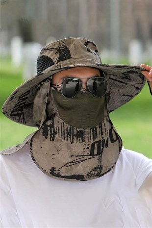Kamuflaj Güneş Koruyucu Taktik Şapka - Çıkarılabilir Ense - Maske Korumalı