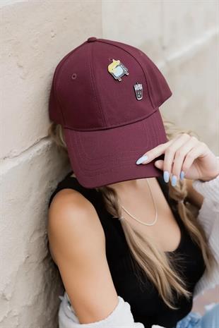 Kedi & Kahve Pin Detaylı Premium Beyzbol Şapka - Bordo