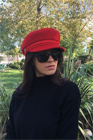 Kadın Kırmızı Kasket Şapka Yün Flat Cap